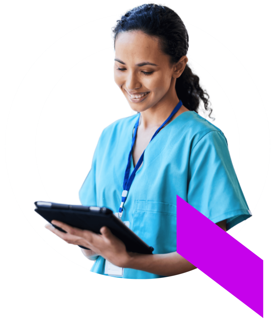 A healthcare professional in scrubs using her tablet to run an automation solution built on the Qventus platform