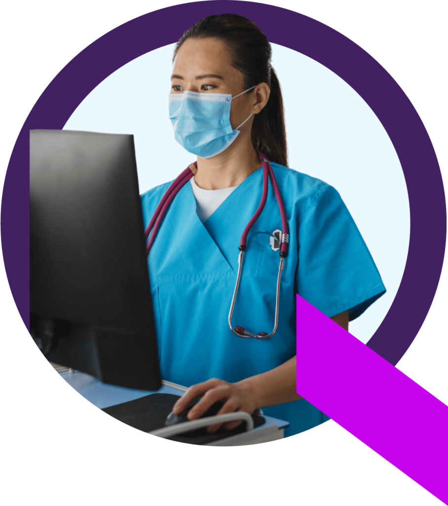 A hospital healthcare professional using her computer to run a Qventus solution that helps her reduce patients’ length of stay