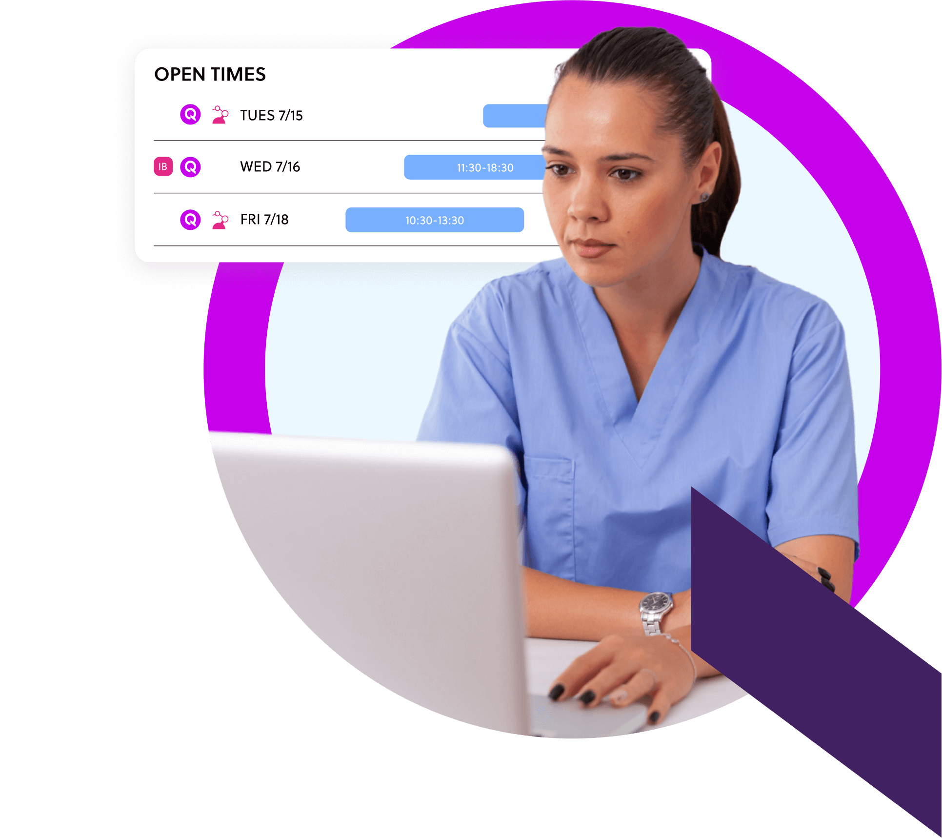 A healthcare professional uses her computer to run a Qventus surgery scheduling tool that will optimize operating room utilization