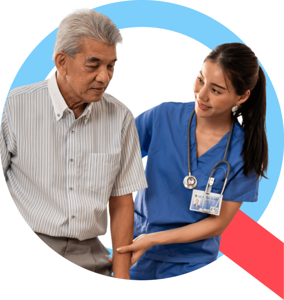 A healthcare professional in scrubs helping a patient walk through a hospital