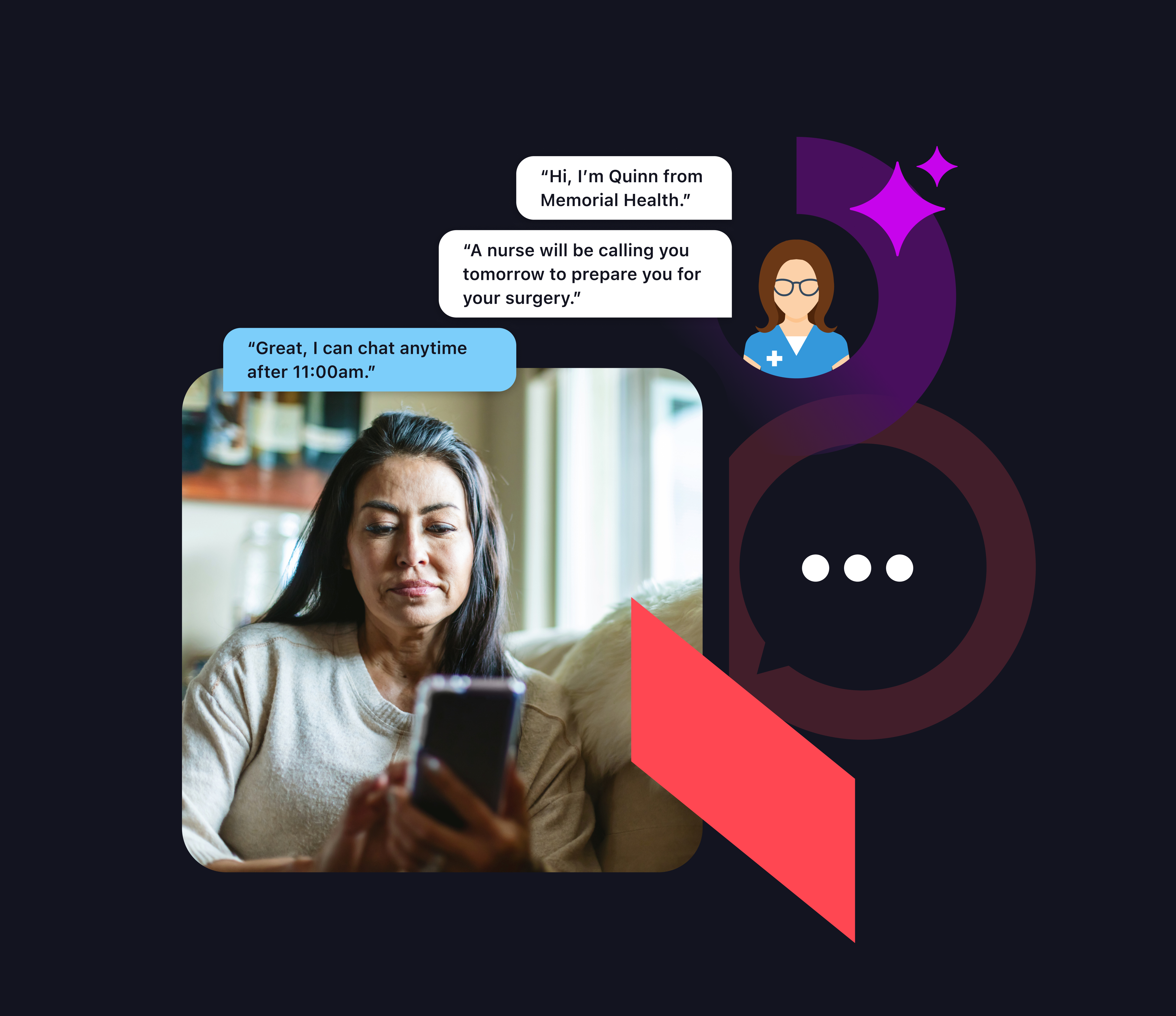 Graphic showing a text conversation between a patient and an AI Patient Concierge as part of the Qventus Perioperative Care Coordination Solution