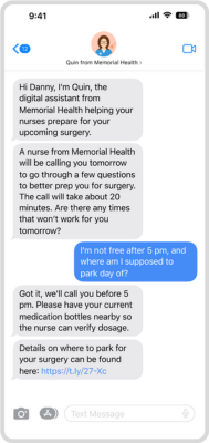 Screenshot of a text conversation showing the AI Patient Concierge feature of Qventus Perioperative Care Coordination Solution