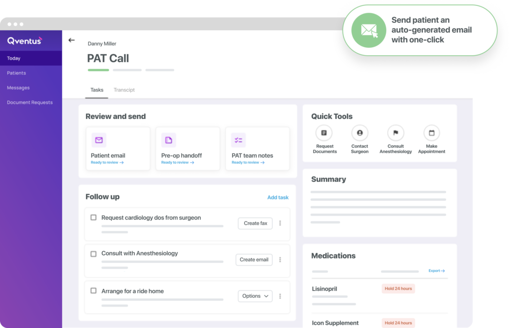 Product screenshot of Qventus Perioperative Care Coordination Solution showing PAT Workflow Support